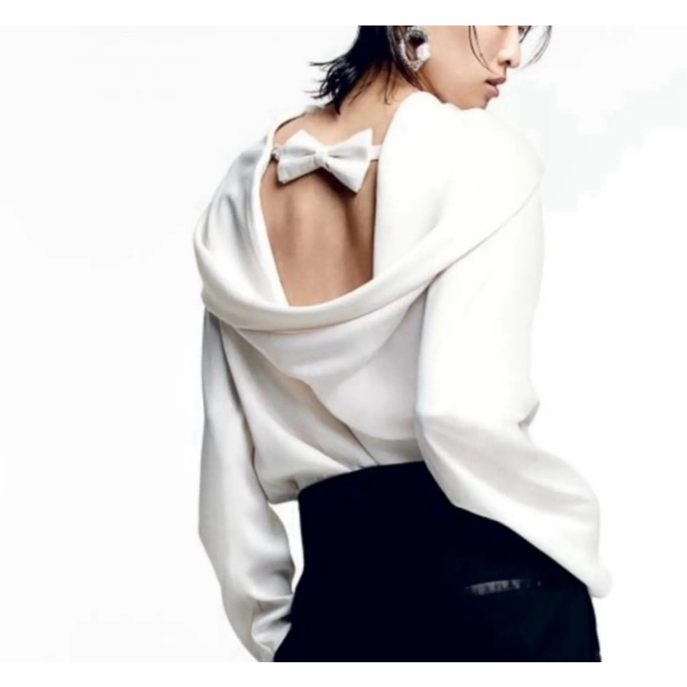 H&M White Blouse XXL Open Back Bow Detail